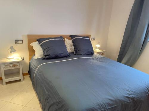 帕莱索海滩Apartamento Dhanvantari en Adeje Paradise的卧室内的一张带蓝色床单和枕头的床