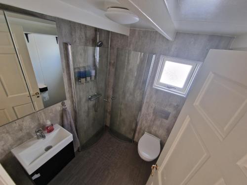 布伦迪欧斯Cottage - two bedrooms的带淋浴、盥洗盆和卫生间的浴室