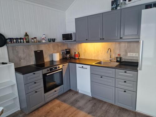 布伦迪欧斯Cottage - two bedrooms的厨房配有灰色橱柜和水槽