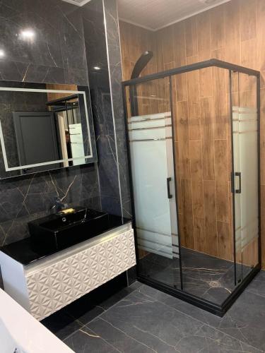 VratsaАпартамент Пламен的带淋浴、盥洗盆和镜子的浴室