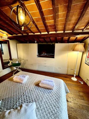 科尔托纳Pergaccio Deluxe House的一间卧室配有一张大床和两个枕头