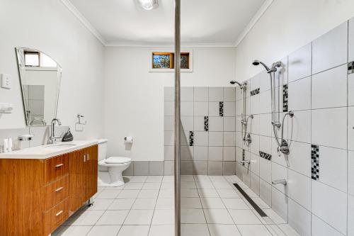 TorrumbarryGoolwa River Retreat的带淋浴、盥洗盆和卫生间的浴室