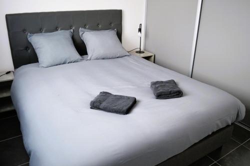 库尔瑟勒·苏尔·梅尔La Mer Veille, maison neuve avec jardin的一张白色的大床,带两条毛巾