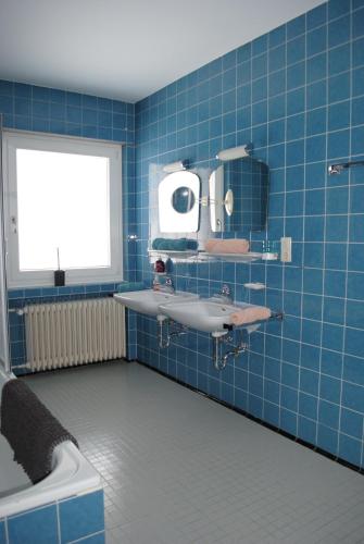 格赖瑙Landhaus Steinbrech的蓝色瓷砖浴室设有水槽和镜子