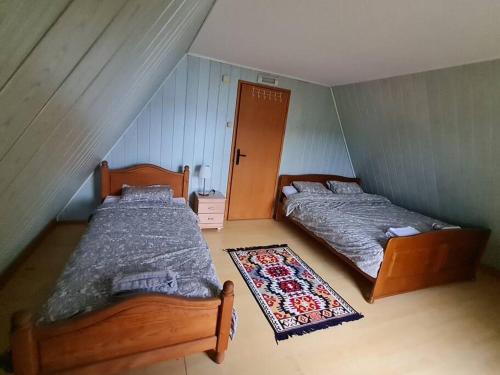 佩鲁恰茨Green House with Lake View的一间带两张床的卧室和地毯