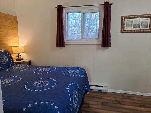 BobcaygeonThree Island Motel的一间卧室设有蓝色的床和窗户。