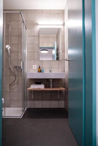 库尔Bogentrakt的带淋浴、水槽和镜子的浴室