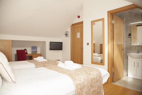 斯旺西苏美尔菲尔德酒店的一间卧室设有两张床、一个水槽和镜子
