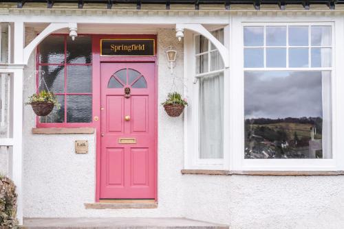 温德米尔Springfield-Windermere的白色房子上一扇粉红色的门,窗户