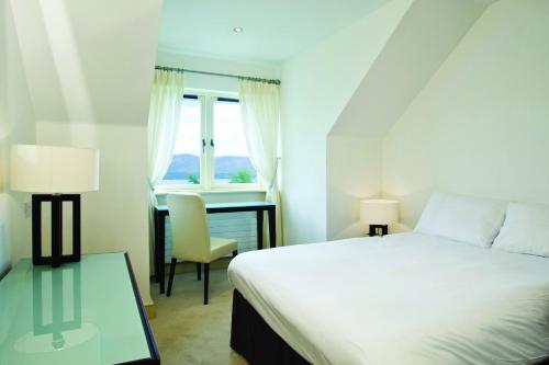 肯梅尔Ring Of Kerry HC No 20的一间卧室配有一张床、一张书桌和一个窗户。
