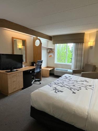 林奇堡Sleep Inn Lynchburg - University Area & Hwy 460的酒店客房配有一张床、一张书桌和一台电视。