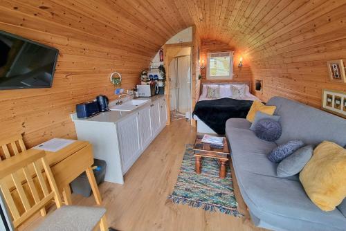 阿伯里斯特威斯Forester's Retreat Glamping - Cambrian Mountains View的客厅配有沙发和盥洗盆。