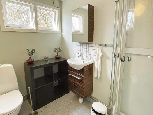 PålstorpHoliday home RAA HELSINGBORG的一间带水槽、卫生间和淋浴的浴室