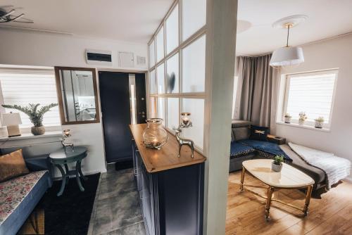 耶莱尼亚古拉Maila exklusiv的一间小公寓,设有客厅和厨房