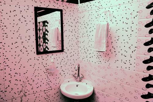 穆克缇斯瓦FOREST ACRES CAMPS的粉红色的浴室设有水槽和镜子