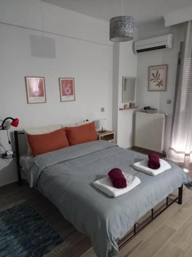 科莫蒂尼VagelisHome的一间卧室配有一张带红色枕头的床