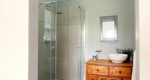 奥茨胡恩Klein Karoo Game Lodge的一间带玻璃淋浴和水槽的浴室