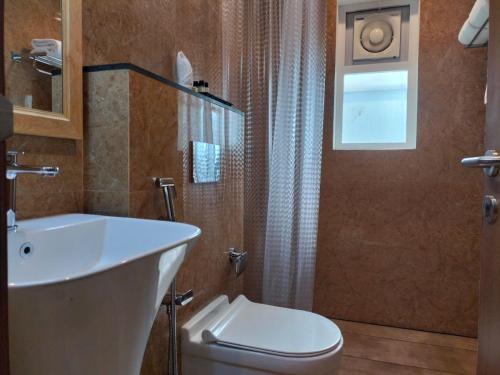 阿勒皮Hotel Grand Alleppey的一间带卫生间和水槽的浴室