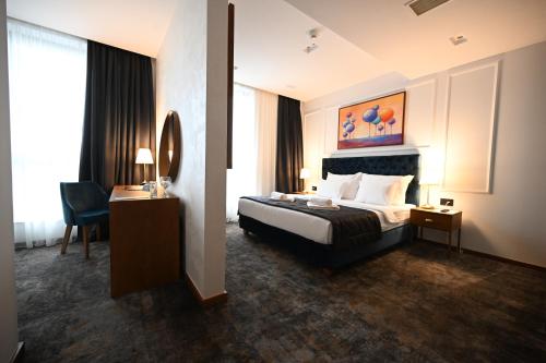 潘切沃Hotel Tamiš & Spa的配有一张床和一张书桌的酒店客房