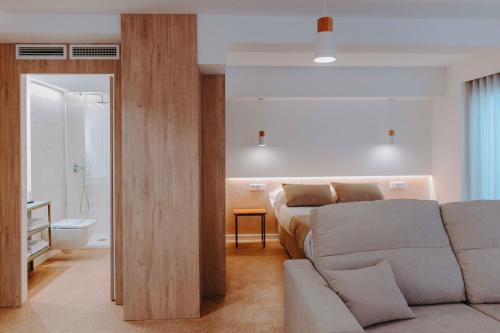 穆尔西亚Apartamentos Santa Isabel的带沙发的客厅和浴室。