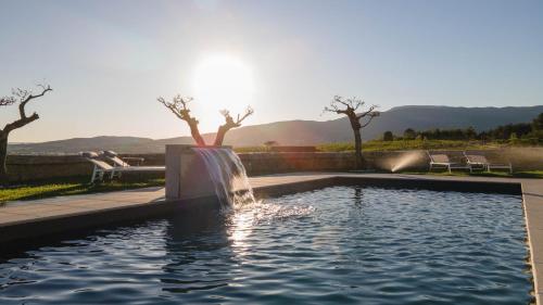 科维良Alto do Ferrum - Boutique Villa的庭院中一个带喷泉的游泳池
