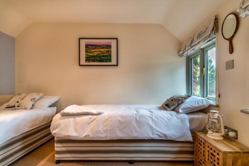 奥特里圣玛丽Ottery St Mary Cottages的一间卧室设有两张床和窗户。