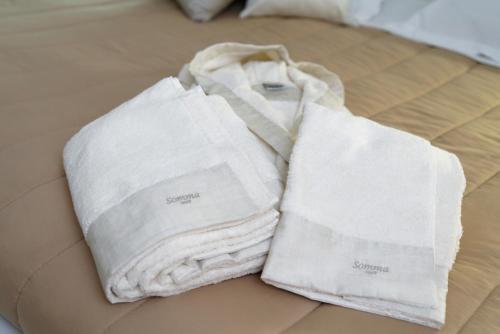 墨西拿Hotel Sant'Elia的床上的两条毛巾