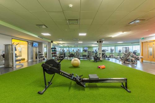 阿什本Pillo Hotel & Leisure Club的健身房设有跑步机和绿地毯上的球