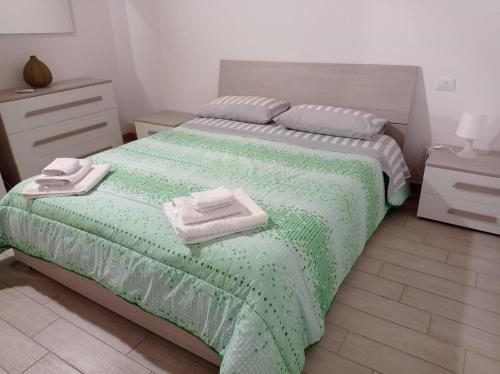 波利科罗Case Vacanza Villaggio Riva Azzurra的一间卧室配有绿床和毛巾
