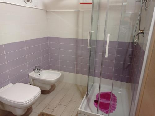 波利科罗Case Vacanza Villaggio Riva Azzurra的一间带卫生间和玻璃淋浴间的浴室