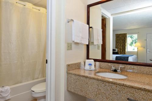 布雷登顿Americas Best Value Inn Bradenton-Sarasota的一间带水槽、卫生间和镜子的浴室