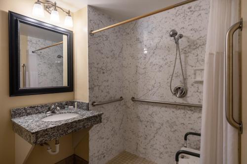 锡达拉皮兹AmericInn by Wyndham Cedar Rapids North的一间带水槽和淋浴的浴室