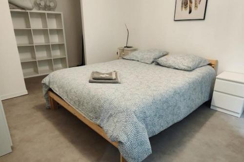 布莱Bel appartement face Citadelle的一间卧室配有一张带蓝色毯子的大床