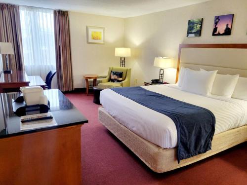 班戈Bangor Grande Hotel的酒店客房设有一张大床和一张书桌。