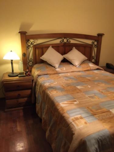 卡哈马卡El Seminario Hospedaje的一间卧室配有一张大床,床头灯上放着一盏灯