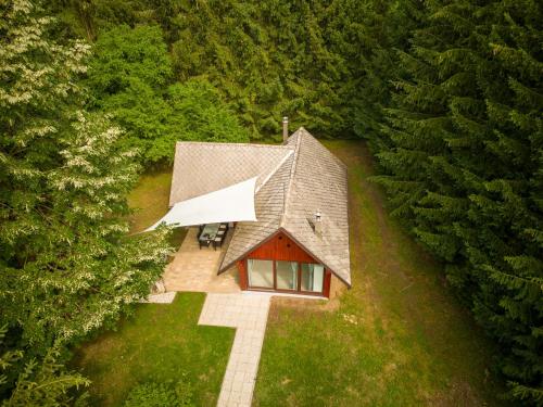 勒什Čebelnk: sanjska hišica 4 km od Bleda的树林中小房子的顶部景色