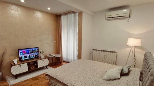 克拉列沃Apartman Puket的一间卧室配有一张床和一台平面电视