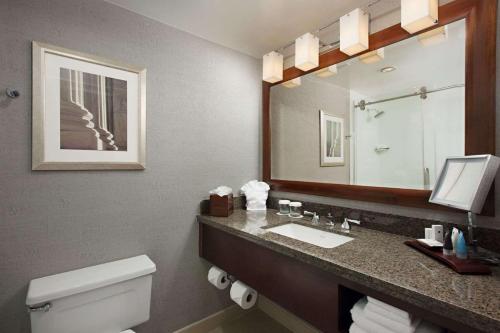 夏洛特Sonesta Charlotte Executive Park的一间带卫生间、水槽和镜子的浴室