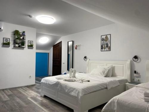 穆里吉奥尔Pensiunea Belvedere Murighiol的卧室配有两张白色的床。