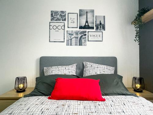 图卢兹Red Lounge的一张带红色枕头的床和墙上的照片