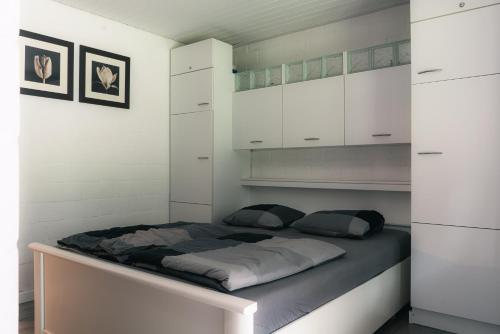 胡塔伦vakantie-hengelhoef的白色橱柜内的一张床位