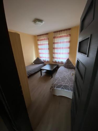 GiebichensteinGrand Wohnungen的一间卧室配有一张床、一张沙发和两个窗户。