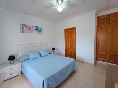 卡尔佩Villa Noemi, con piscina privada的一间卧室配有蓝色的床和吊扇