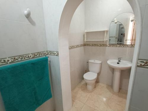 卡尔佩Villa Noemi, con piscina privada的一间带卫生间、水槽和镜子的浴室