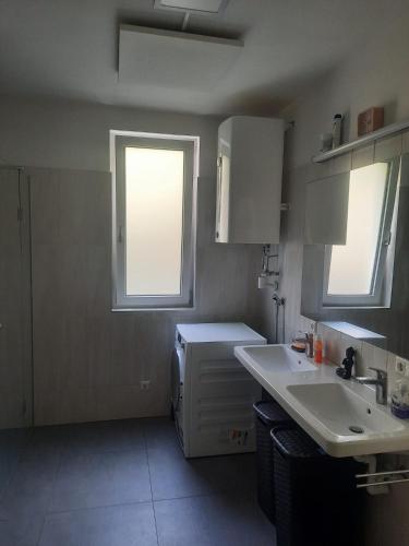 格拉茨Quiet Room with shared kitchen bathroom的带水槽的厨房和2扇窗户