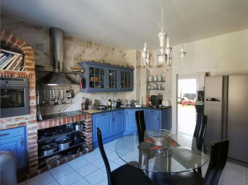 RochlitzApartment in Villa Rochlitz的厨房配有蓝色橱柜、桌子和冰箱。