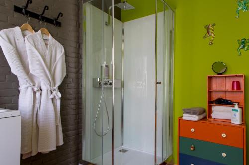 SoigniesLes Greniers de Madelgaire的带淋浴和玻璃淋浴间的浴室