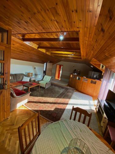 特雷比涅Apartman Trebinje的客厅设有木制天花板和沙发。