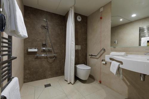 艾克斯莱班Aix-les-Bains Appart'S的一间带水槽、卫生间和淋浴的浴室
