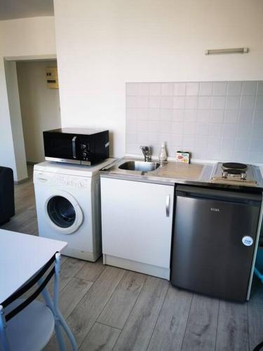 圣让-德蒙Appartement lumineux 2 pièces, 4 couchages的厨房配有水槽和洗衣机
